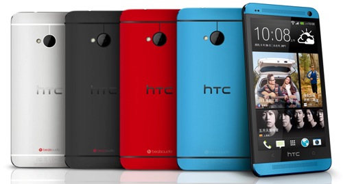 HTC One系列(左起：HTC One冰川銀、絕地黑、魅麗紅與極光藍)