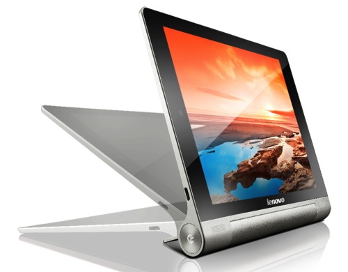 Lenovo聯想新聞圖說一－Lenovo Yoga Tablet具特殊圓柱形設計，可提供高達18小時的長效電力，自有支架更可提供三種不同的使用方式。