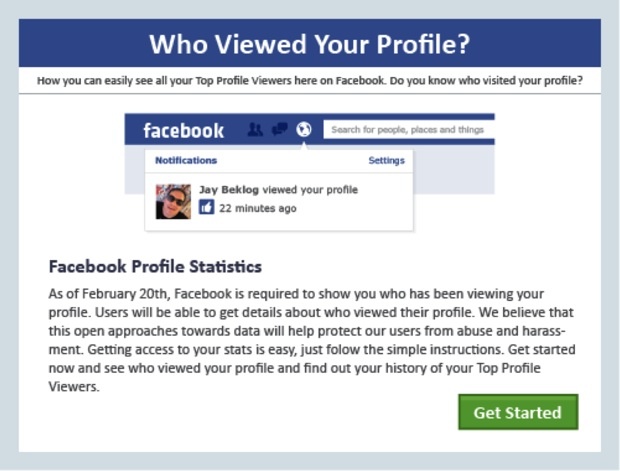 2-誘騙使用者查看有誰看過其Facebook個人檔案之詐騙畫面
