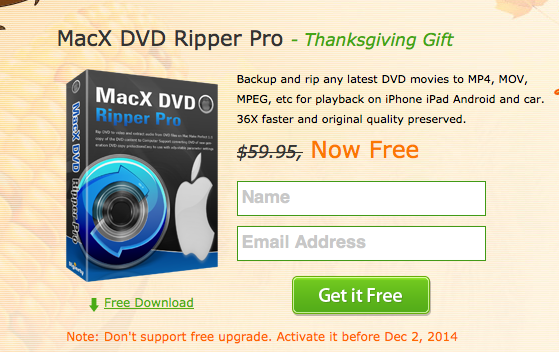 【限時免費】MacX DVD RipperPro 轉檔、DVD 備份工具，12月1日前免費。