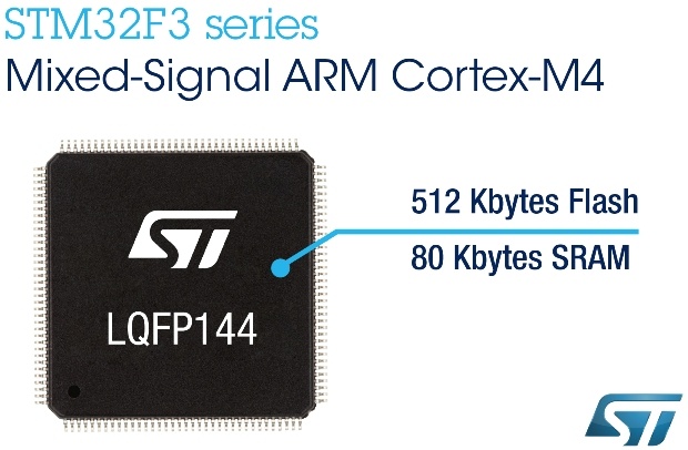 意法半導體推出快閃記憶體容量高達 512KB 的 STM32F3 微控制器，提升系統整合度