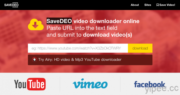 【免費】「SaveDEO」一鍵搞定影音下載，支援 Youtube、Twitter、Facebook、Vimeo 等多個網站