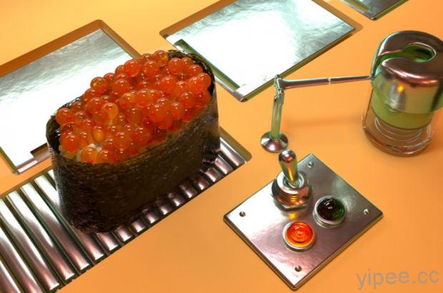機械自動化製作美味的鮭魚卵軍艦壽司，可惜只是 CG 影片