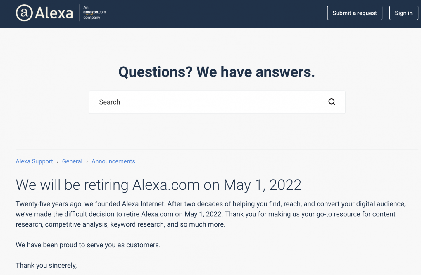 亞馬遜全球網站排名系統 Alexa.com 終止，將於 2022 年 5 月 1 日關閉