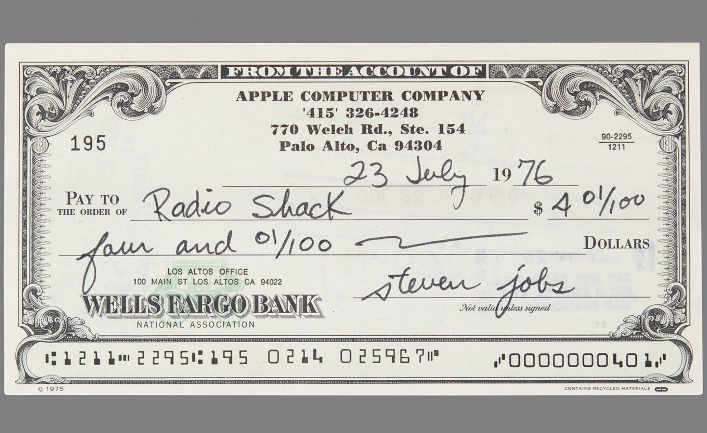 賈伯斯簽署的 1976 年支票以 46,063 美元創拍賣價紀錄